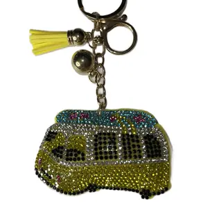Yellow Bus/Van Bag Charm or Keychain with Rhinestone Accents and Tassel Detail