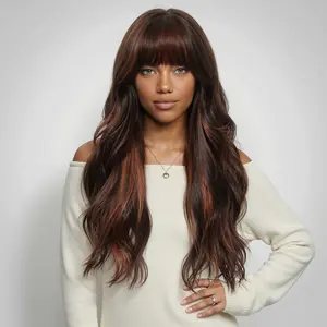 Org-DWY 24 Inch Long Wavy Wig with Bangs | Chestnut Brown with Caramel Highlights | Synthetic Hair for Women | Natural Daily Wear Wig