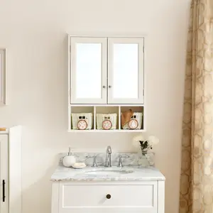Dreamzon Bathroom Storage Cabinet, Medicine Cabinets for Bathroom with Mirror, 2 Doors 2 Adjustable Shelf + 3 Christmas Style Storage Basket, White Wood Cabinet Wall Mounted for Bathroom Laundry Room Kitchen