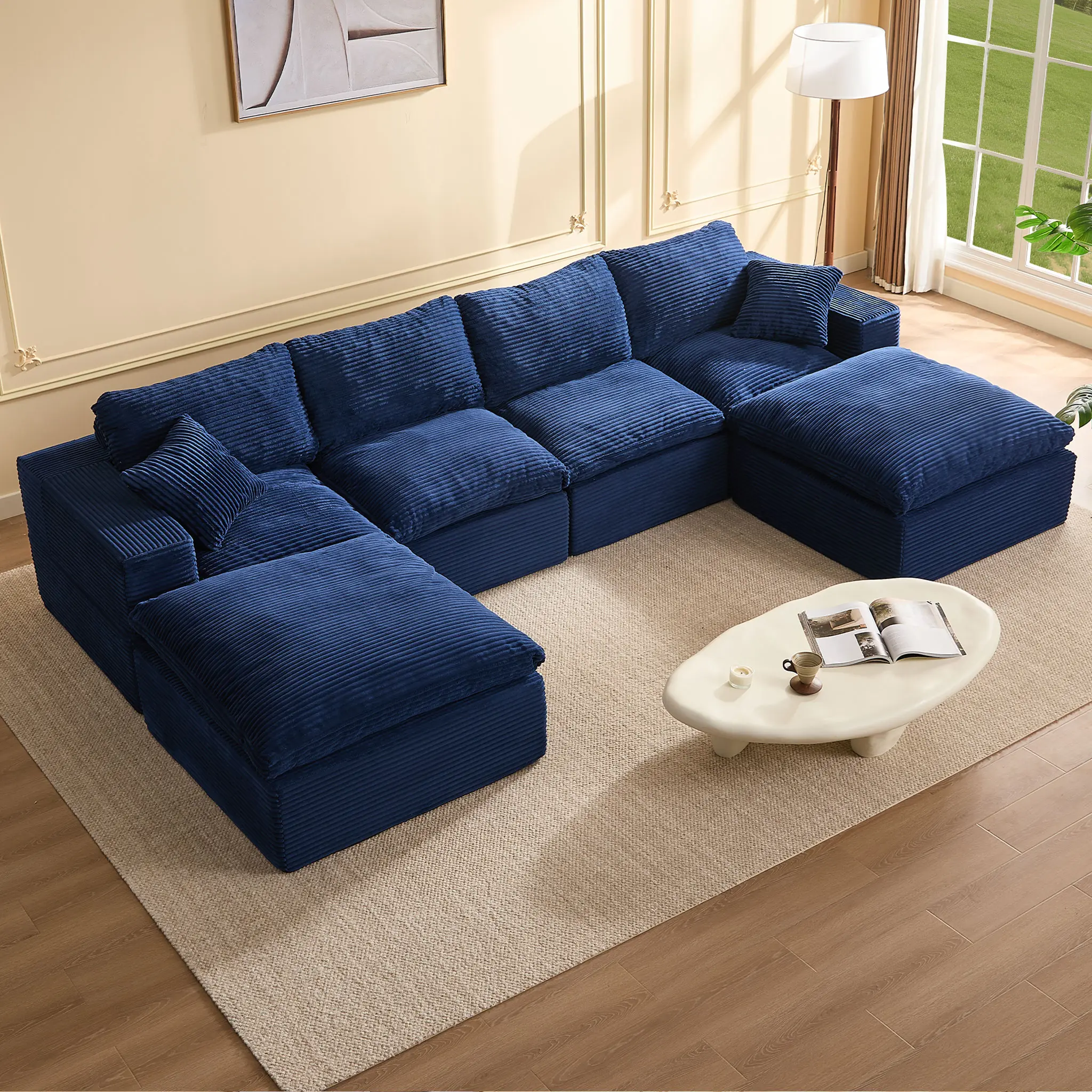Blue-4 Seater + 2 Ottoman - 137" U