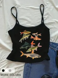 Trendy Women's Tropical Fish Pattern Sleeveless Spaghetti Strap Top, Slim Fit, Fitted, Short Length, Geometric Design, Animal Print, Casual, Perfect for Beach & Outdoor Adventures, Beachwear