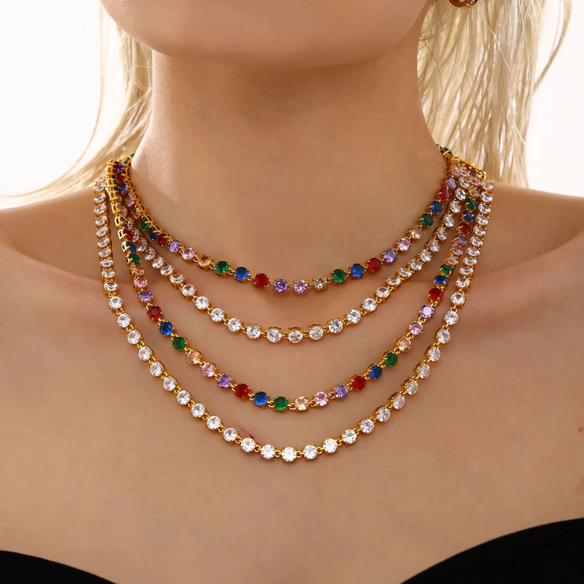 Handmade Prong Setting 5mm Colorful Zircon Shiny Bracelet & Necklace Set, 18K Gold Plated Luxury Jewelry Handmade Prong Setting 5mm Colorful Zircon Shiny Bracelet & Necklace Set, 18K Gold Plated Luxury Jewelry
