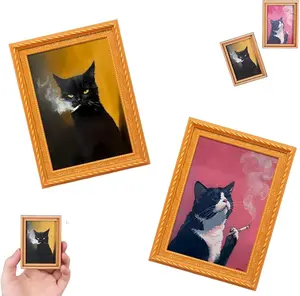 Federedevo Decorative Magnetic Refrigerator Magnets - 3D Textured Rectangle Mini Frames with Cute Black and White Wooden Rebellious Cat Smoking Photo, Bamboo Cat Home Kitchen Decor Gift