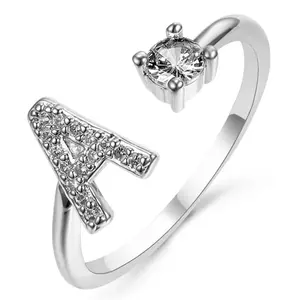 Summer 2026 Creative A-Z Letter Ring with Artificial Zircon, Adjustable Open Band Ring, Fashion Jewelry Gift for Women and Girls