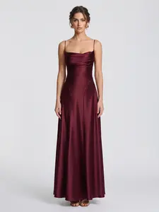 [NEW] Azazie Adelina Twist Cowl Neck Lace-Up Back Godet Panel Satin Maxi Dress