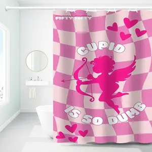 1pc Pink Checkered Cupid Printed Shower Curtains with Plastic Hooks, Shower Curtain for Bathtub Bathroom,Suitable for Home and Hotel, Machine Washable Bathroom Decor,As Best Gifts for Friends