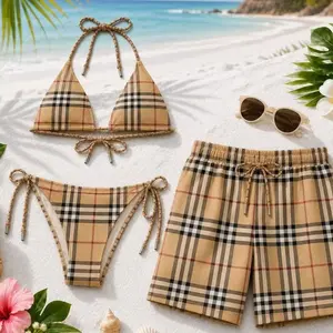 2026 Signature TB Matching Couple Swimwear Set - Women’s Viral Bikini, Men’s Beach Shorts, Ideal for Vacation Gifting