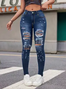 [Plus Size] Ripped Denim Jeans, Fashion Chic Casual Streetwear Stretchable Skinny Jeans for Daily Outdoor Wear, Women Plus Clothing for Summer
