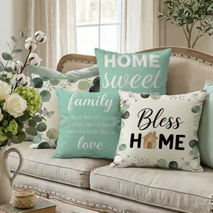 Teal Home Quote & Eucalyptus Cotton Decorative Throw Pillow Covers Set of 4, Flower Botanical Porch Outdoor Pillowcase, Family is Everything Sofa Couch Cushion Case Home Decor Home Textile 0127YA
