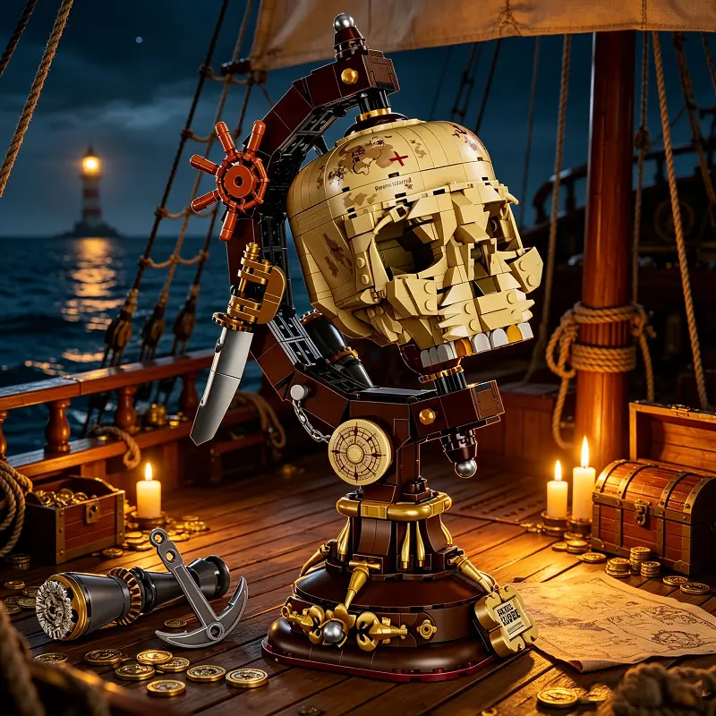 Pirate Theme Skull Motif Globe Building Brick Blocks Set, 1136PCS ABS Plastic DIY Model Kit for Adults (Age 8+), Collectible Nautical Gothic Desk Decor, Unisex Holiday Gift