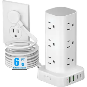 Tower Power Strips with Surge Protection, 6FT Flat Extension Cord, Multi Outlets Design, 12 AC Sockets & 4 USB Ports, Overload Safety Protection, Universal Charging Station for Home, Office, Dorm and Travel Use (White)