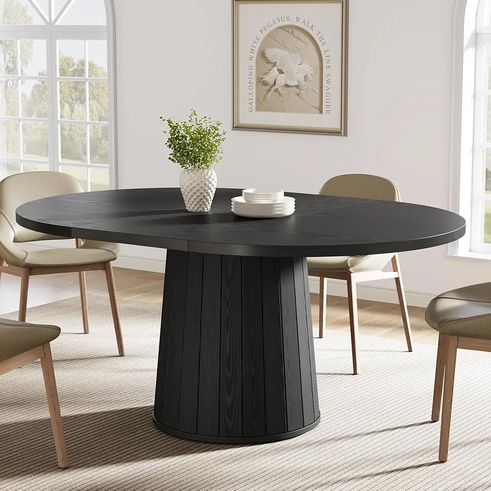 Tribesigns Stylish 55-Inch Oval Dining Table With Cylindrical Pedestal For Six People In Farmhouse Kitchen, All Black Tribesigns Stylish 55-Inch Oval Dining Table With Cylindrical Pedestal For Six People In Farmhouse Kitchen, All Black