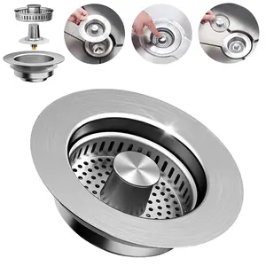3-in-1 Kitchen Sink Drain Strainer & Stopper, Stainless Steel Food Catcher Plug with Filter Basket, Fits 3-1/2 Inch Drain Hole, Universal Sink Protector Cover, Anti-Clogging