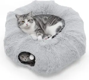 Cat Tunnel Bed for Indoor Cats Cave Donut Play Tunnel with Soft Plush Peekaboo, Circle Cushion, Washable Multifunctional Playground Under Tree Pet Toys for Kittens, Puppy Rabbit, Ferret - Grey