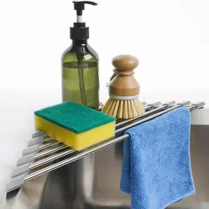 LMMAKE Foldable Stainless Steel Triangle Roll-Up Dish Drying Rack for Small Sink Corners Over-The-Sink Multipurpose Kitchen Drainer Rustproof Organizer Trivet and Shelf Space-Saving Anti-Slip Rubber Grips