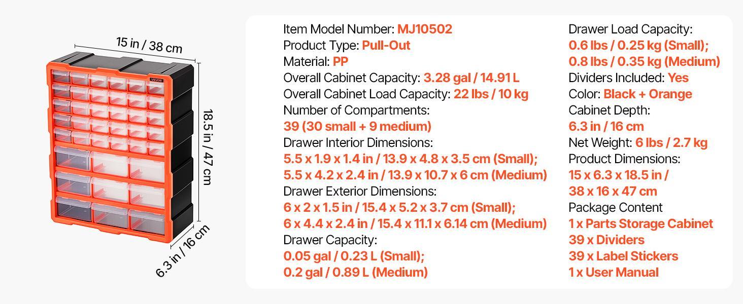 【BackToSchool】VEVOR 39-Drawer PP Plastic Drawer Storage Cabinet, Reinforced Structure, Label Stickers, Anti-Drop Stops, Stackable Slots, Wall-Mountable for Garage Small Parts, DIY Enthusiasts