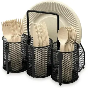 Utensil Caddy Silverware Holder - 4 Compartment Metal Mesh Cutlery Fork Spoon Napkin Plate Organizer Flatware Storage Basket Party Kitchen Countertop Buffet Picnic Camping Outdoor BBQ Black