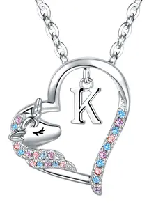 Unicorn Design Heart Shaped Pendant Dainty Necklace with Letter Charm, Rhinestone Decor Necklace for Women & Girls, Fashion Jewelry for Party, Daily Decor, Trendy All-match & Exquisite Jewelry for Birthday Gift