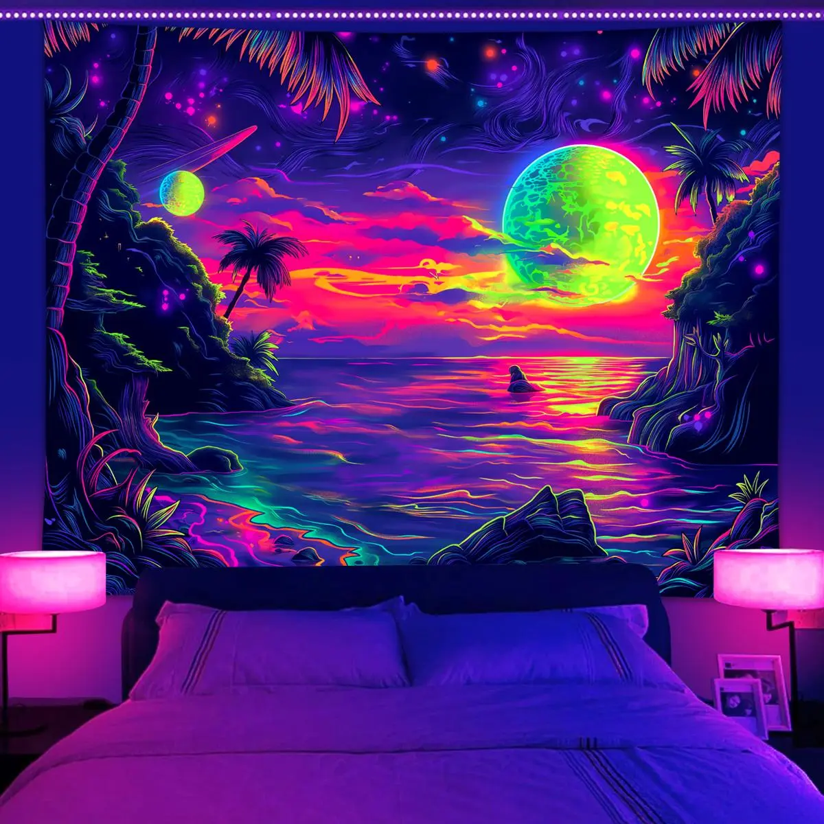 Reactive, Fantasy Space Planet Starry Sky Pattern Landscape Tapestry, Neon Light Effect Fluorescent Tapestry, Bedroom Living Room Home Decoration, Tapestry Wall Mural