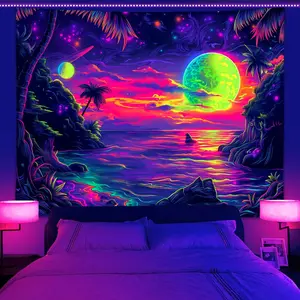 UV Reactive, Fantasy Space Planet Starry Sky Pattern Landscape Tapestry, Neon Light Effect Fluorescent Tapestry, Bedroom Living Room Home Decoration, Tapestry Wall Mural