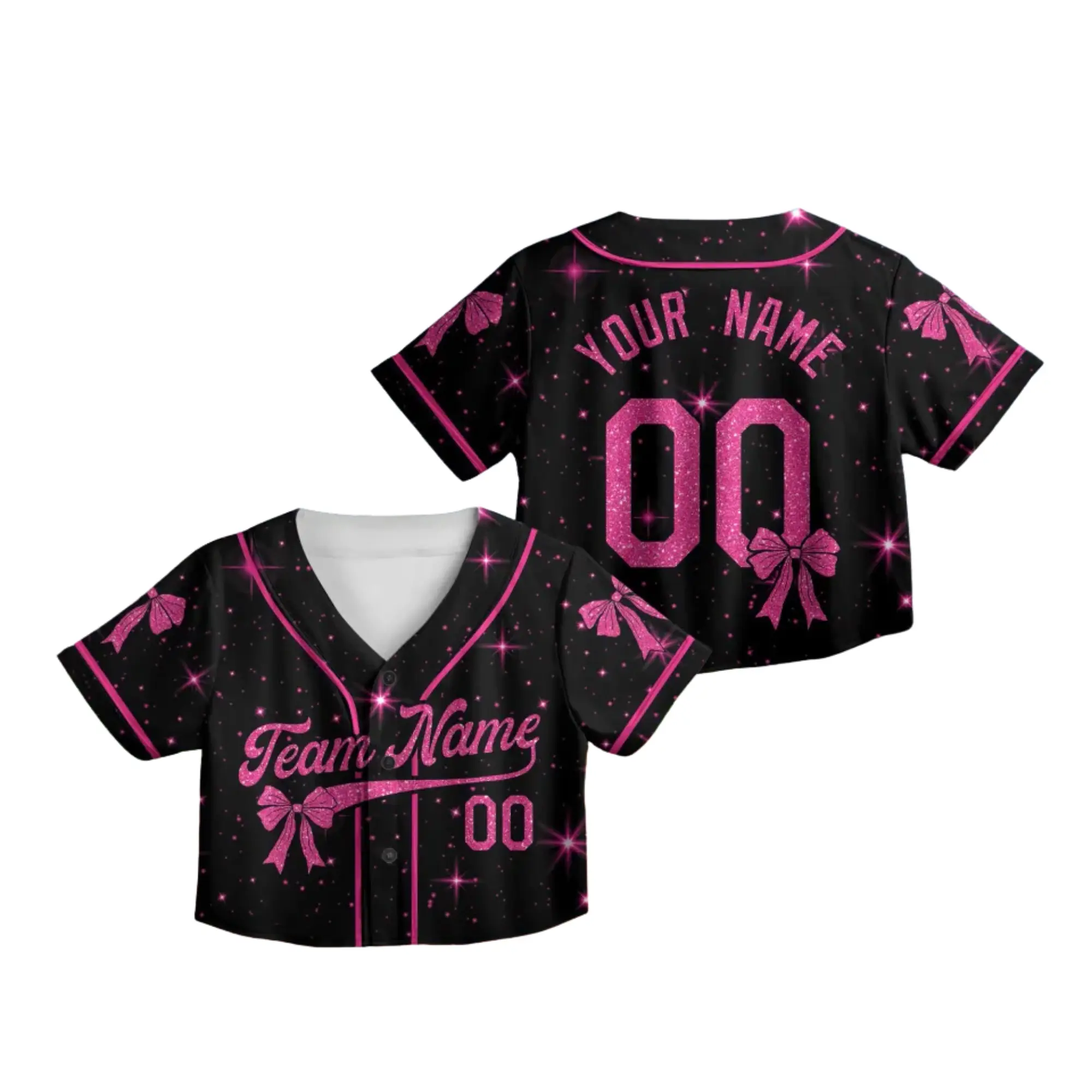 Personalized Coquette Bow Crop Top Baseball Jersey XS-XL Multicolor Shirt– Personalized Team Name Your Name Number Ribbon Bow Shirts, All Over Print American Cropped Jersey for Fan, Gift Idea for Women, for Her, For Teen Girl Women Baseball Fan
