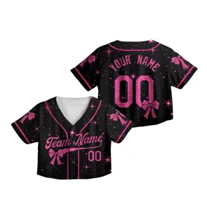 Personalized Coquette Bow Crop Top Baseball Jersey XS-XL Multicolor Shirt– Personalized Team Name Your Name Number Ribbon Bow Shirts, All Over Print American Cropped Jersey for Fan, Gift Idea for Women, for Her, For Teen Girl Women Baseball Fan