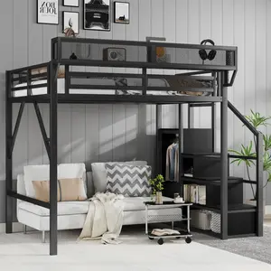 Full Size Loft Bed Frame with Stairs and Storage, Metal Loft Bed Frame with Bedside Shelf and Large Under-Bed Space, Heavy-Duty Loft Beds, Black