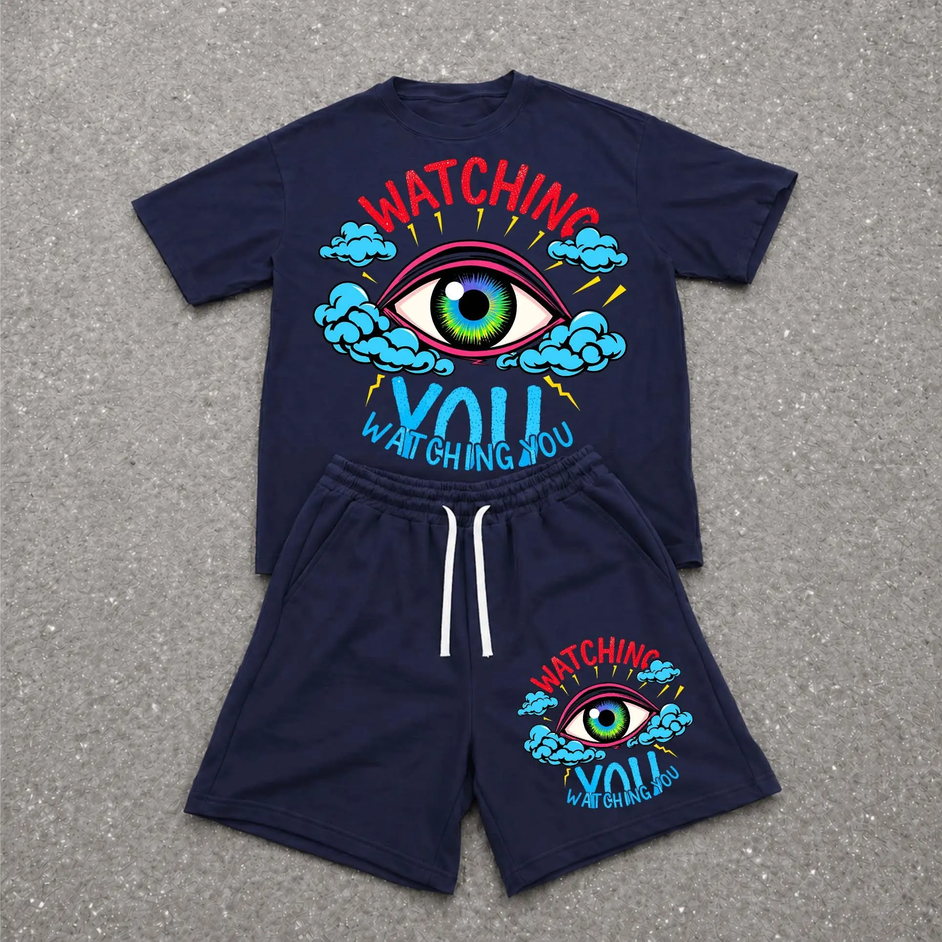 Men's 2-Piece Outfit, Casual Streetwear Eyes Print T-Shirt & Drawstring Shorts, Loose Fit Lightweight Polyester/Cotton for Outdoor Activities, Outfits