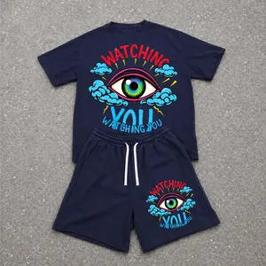 Men’s Summer 2 Piece Set, Watching Eyes Hiphop Street Style Print Short Sleeve T Shirt and Drawstring Shorts Matching Outfit, Lightweight Breathable Casual Set for Travel, Streetwear, Beach, Vacation, and Daily Wear