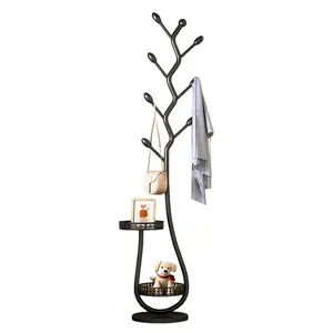 Metal Coat Rack Carbon Steel Coat Tree with 2 Storage Tray Space Saving Storage Shelf Multi-Function Clothes Hanging Organizer Heavy Duty for Hats Coats Scarves Handbag