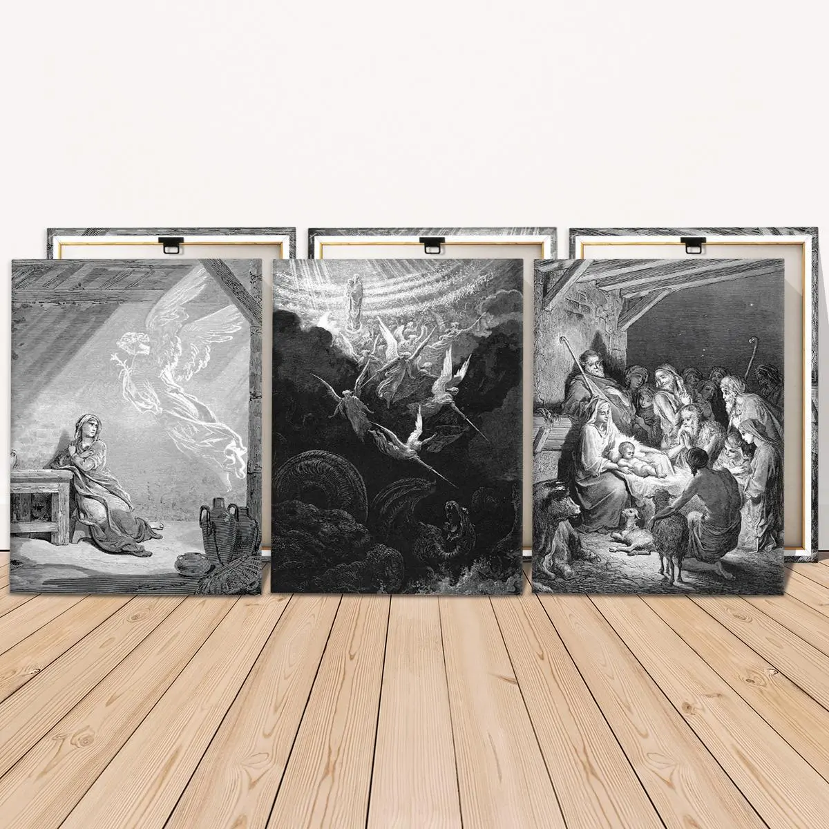 3 Counts Wooden Framed Canvas, Nativity Scene Angel Mary Jesus, Exquisite Poster, Perfect Living Room Decoration, Fashion Family Poster, Decorative Wall Art, Odorless, Waterproof, Artwork, Western Wall Art, Home Wall Art