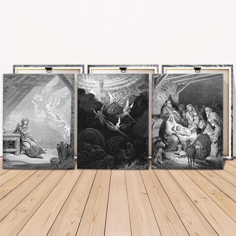 3 Counts Wooden Framed Canvas, Nativity Scene Angel Mary Jesus, Exquisite Poster, Perfect Living Room Decoration, Fashion Family Poster, Wall Art Decoration, Odorless, Waterproof, Artwork, Western Wall Art