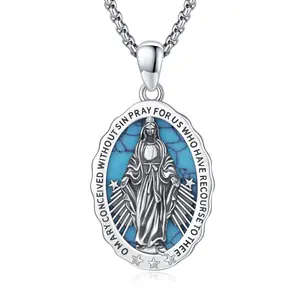 Virgin Mary Necklace 925 Sterling Silver Our Lady of Guadalupe Pendant,Christian Catholic Oval Virgin Mary Jewelry for Women with 22 in Chain