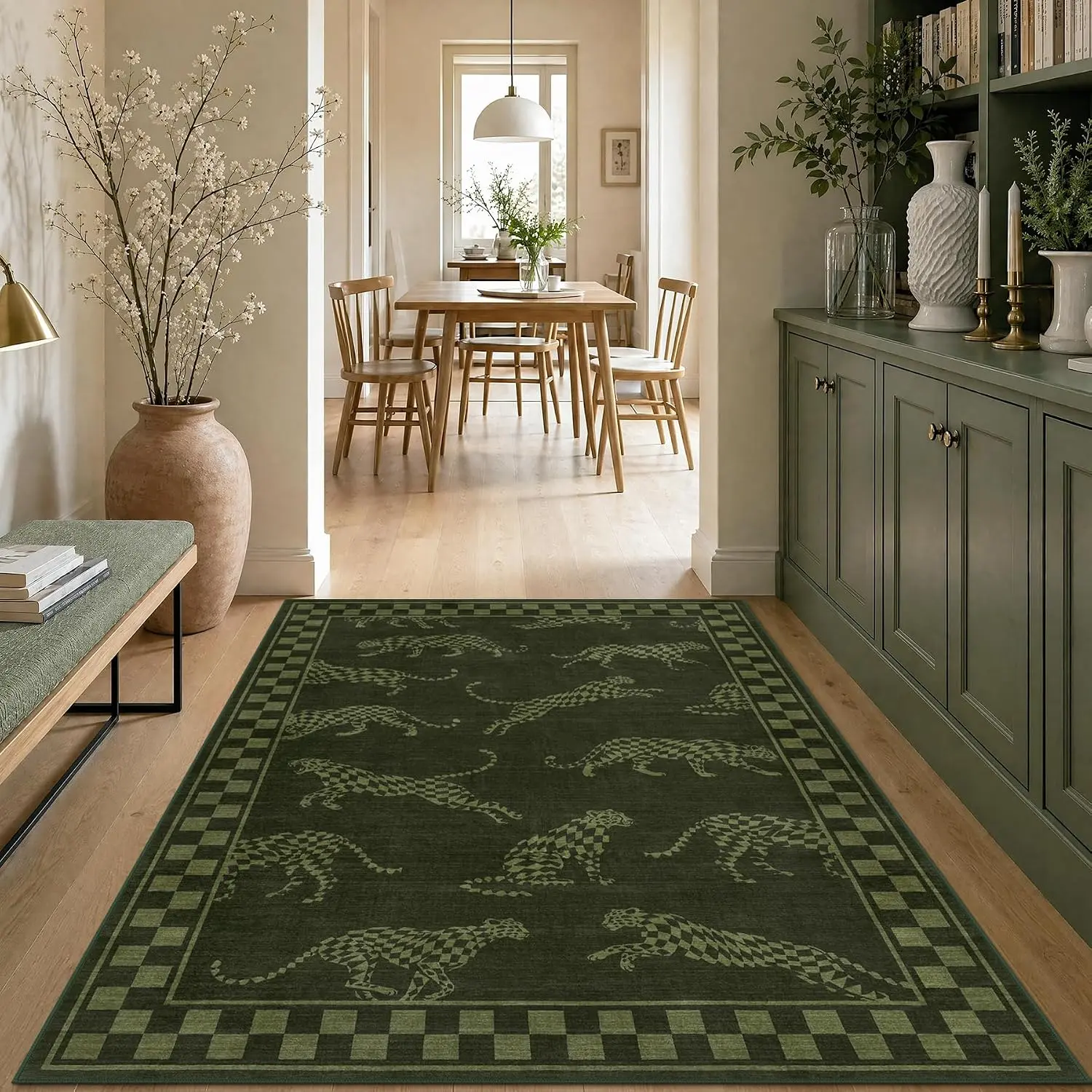 Tribesigns Checkered Leopard 5x7/8x10 Green Beige Area Rug for Living Room Bedroom | Machine Washable, Cheetah Print, Non-Slip Backing with 4 Rug Tape, Soft Low Pile, for Boho Animal Dining Room Playroom Office