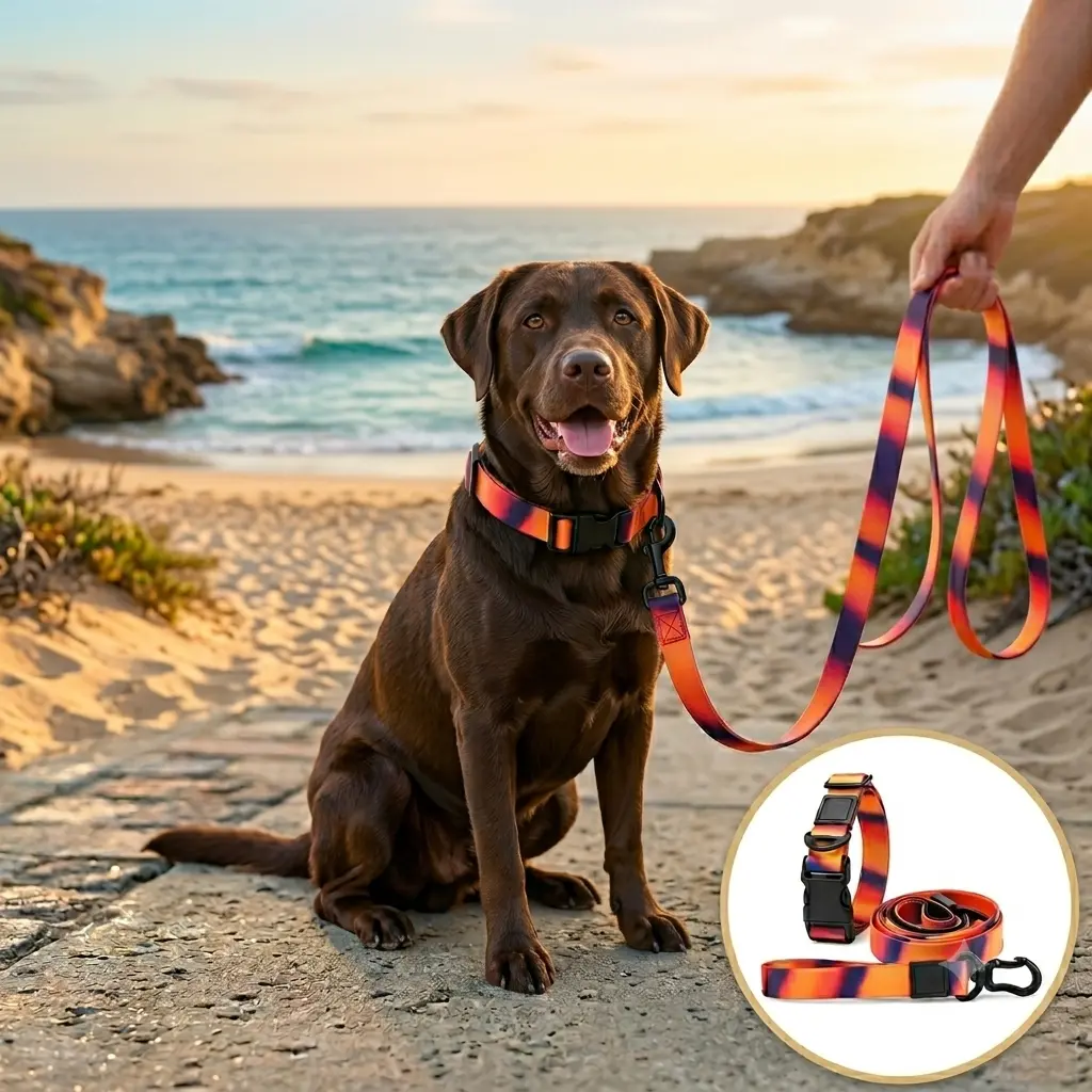 Sunset Gradient Dog Collar and Leash Set - Heavy Duty Adjustable Waterproof Pet Walking Leash for Small Medium Large Dogs Cute Aesthetic Dog Supplies
