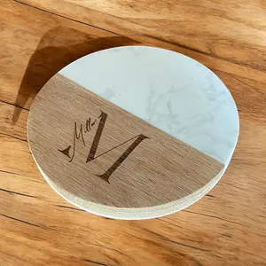 Engraved Monogram Wood and Marble Personalized Coasters - Set of 6
