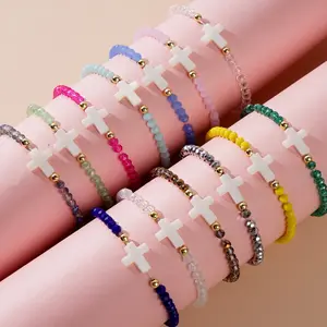 Cross-border Bohemian style copper bead shell bracelet with cross and colorful crystals, handmade beaded bracelet for women