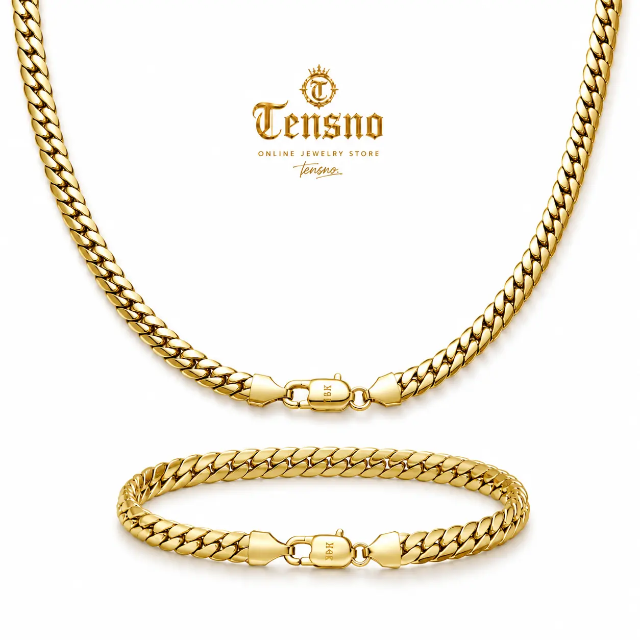 14K Gold Cuban Link Chain Necklace & Bracelet Set for Men Women – Waterproof, Tarnish Resistant, Hip Hop Streetwear Jewelry, TikTok Viral Luxury Gift