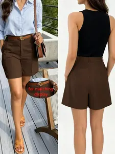 Women's Elegant Plain Color Solid Casual Pants, High Waist Wide Leg Shorts, Suitable for Spring Summer Autumn, No Belt Included