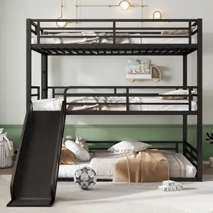 Triple Bunk Beds Frame with Slide, Queen Over Queen Over Queen Bunk Bed Frame, 3 Bunk Beds with Ladder/Full-Length Guardrails, Black
