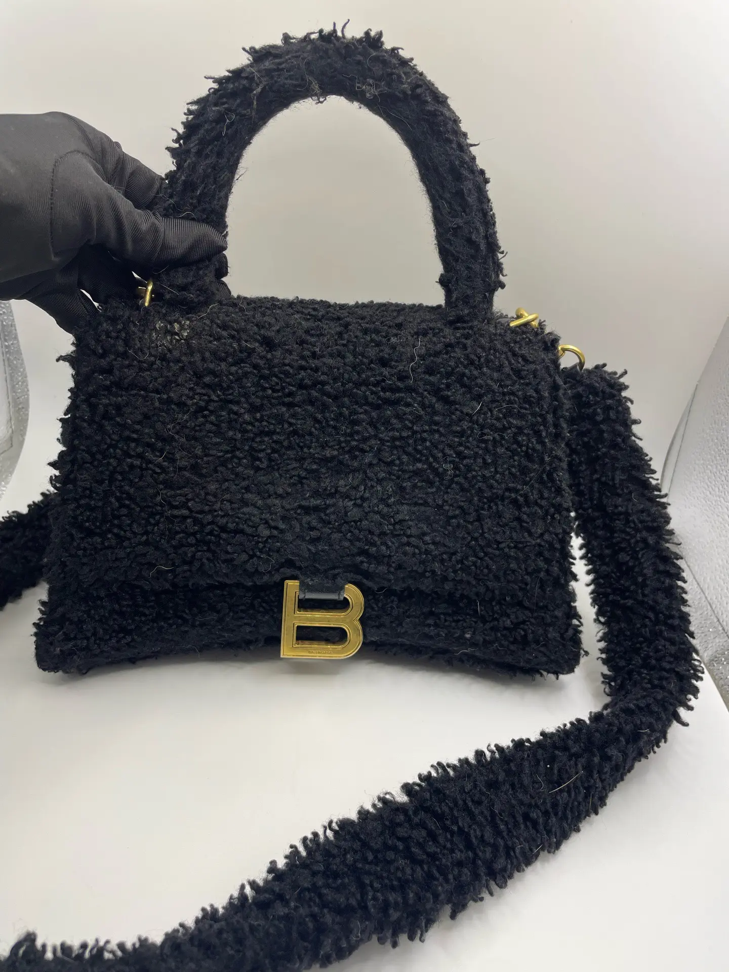 Pre-owned Balenciaga 98% New Teddy Fur Hourglass Handbag Black, Gold Hardware, Crossbody Purses