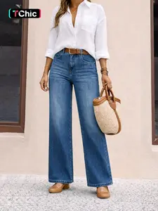 Women's High Elasticity Denim Jeans, Lady Casual Loose Fit Wide Leg Pants, All Seasons Basic Fashion, Plain Pattern, Comfortable and Stylish