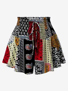 Women's Woven Patchwork Print Shorts, Smocked Elastic Drawstring Waist, Flared Ruffle Hem, Daily Casual Vacation Beach Street Boho Wear, Breathable Lightweight Soft
