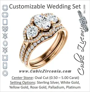 CZ Wedding Set, featuring The Hadley engagement ring (Customizable Oval Cut 3-stone Design Enhanced By Halo and Pavé)