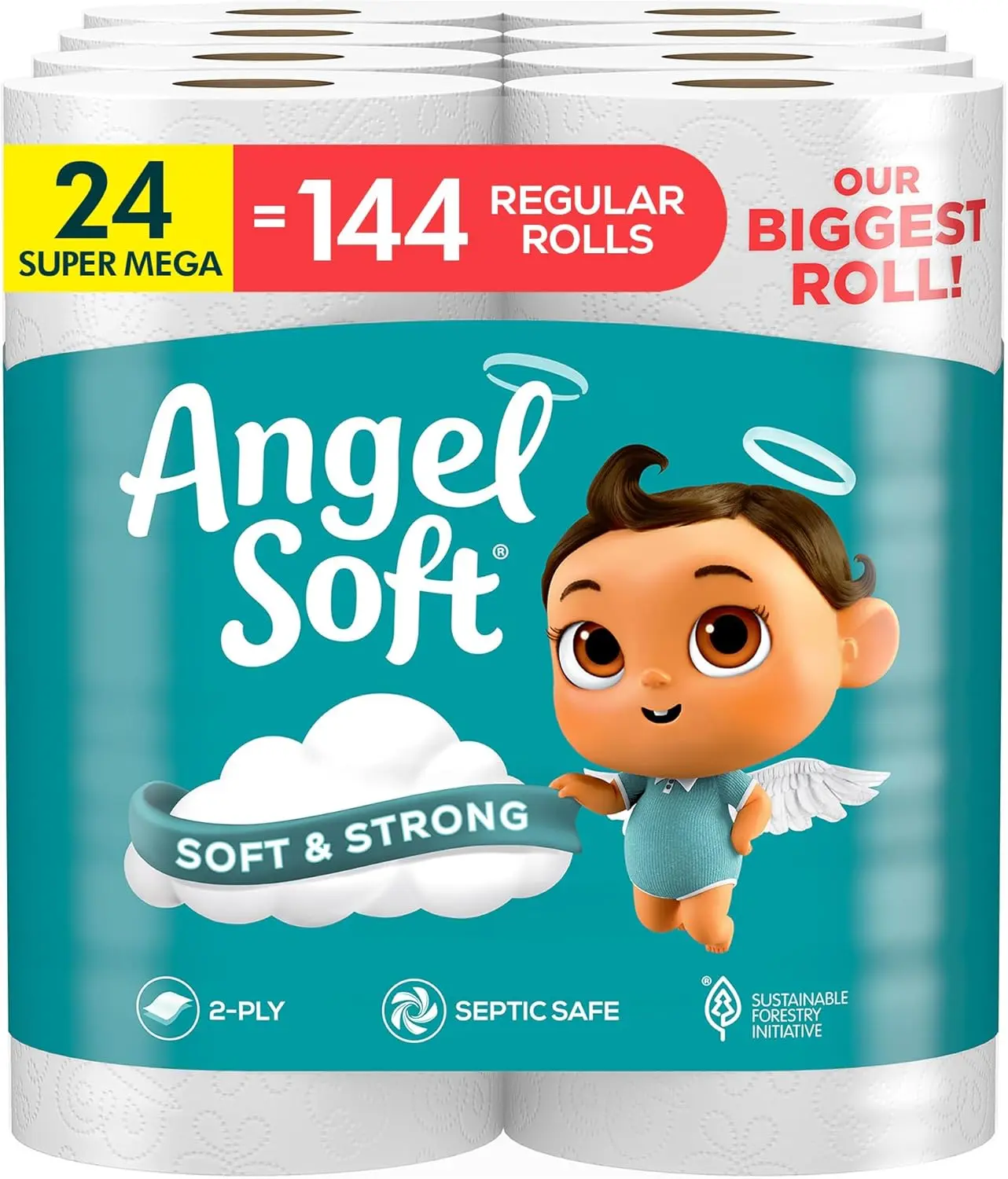 Angel Soft Toilet Paper, 24 Super Mega Rolls = 144 Regular Rolls, Soft&Strong Bathroom Tissue, Biodegradable Kitchen Wipes for Home Care