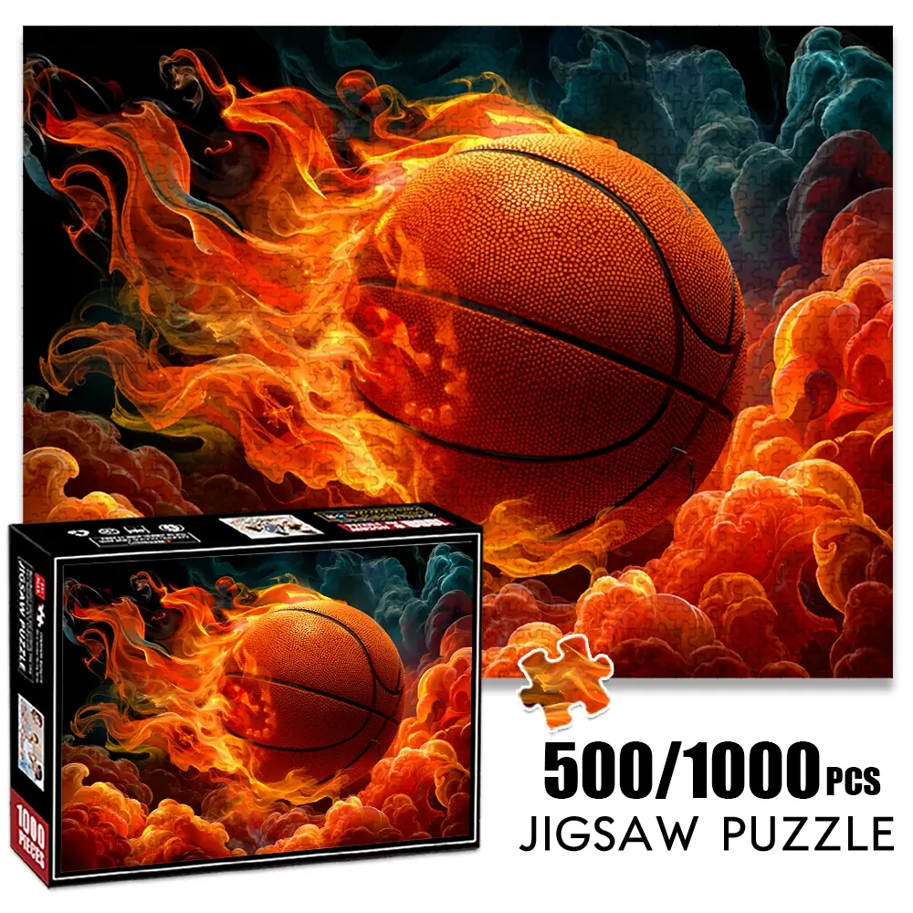 1pc 1000 piece adult puzzle 70x50cm Basketball with Flames and Clouds Visual500 pieces paper jigsaw puzzle suitable for DIY creative games for adults and families, birthday and holiday stress relief