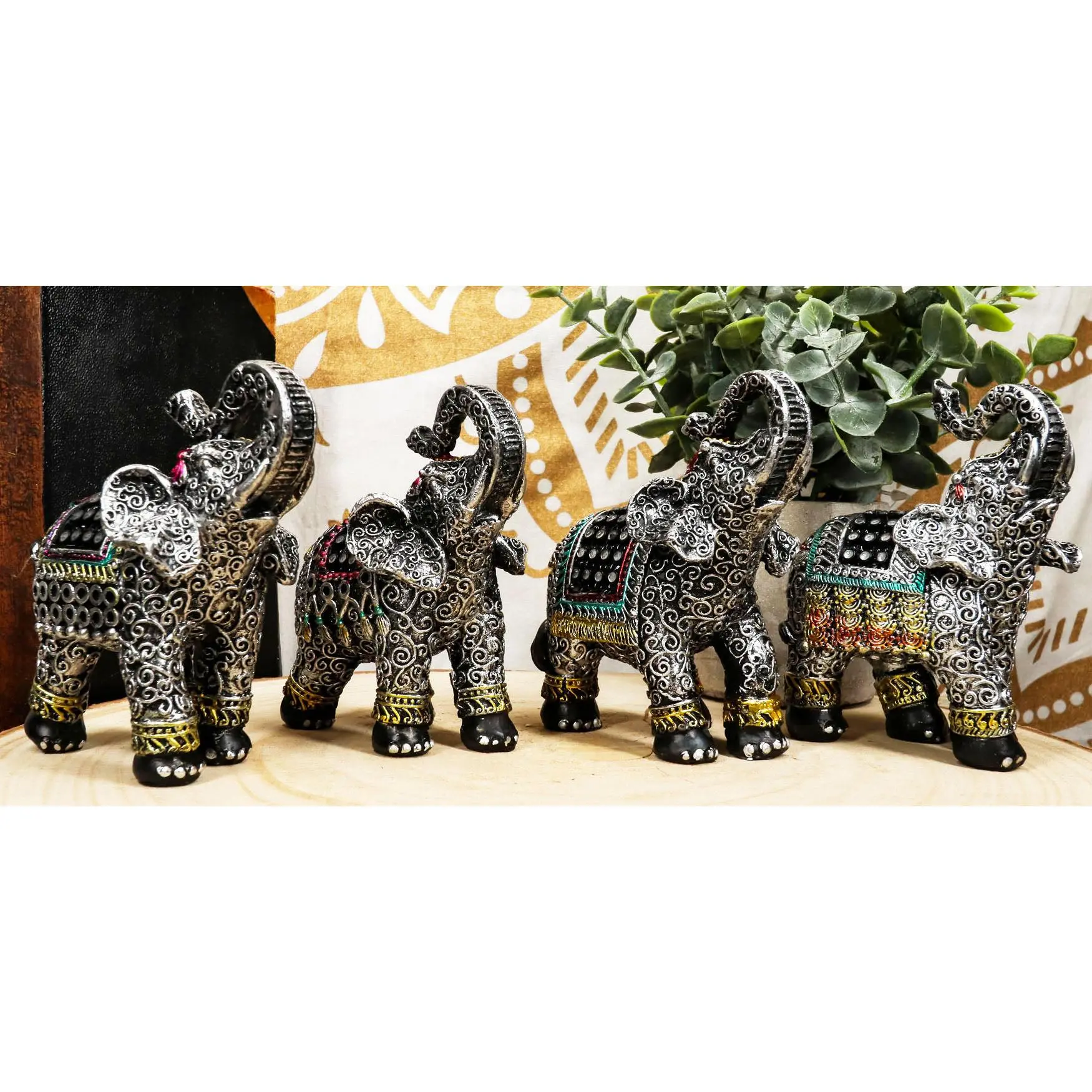 4-Piece Majestic Indian Elephant Religious Figurine Set, Hindu Festival Decorative Figurines, Home Decor Ornaments for Fortune