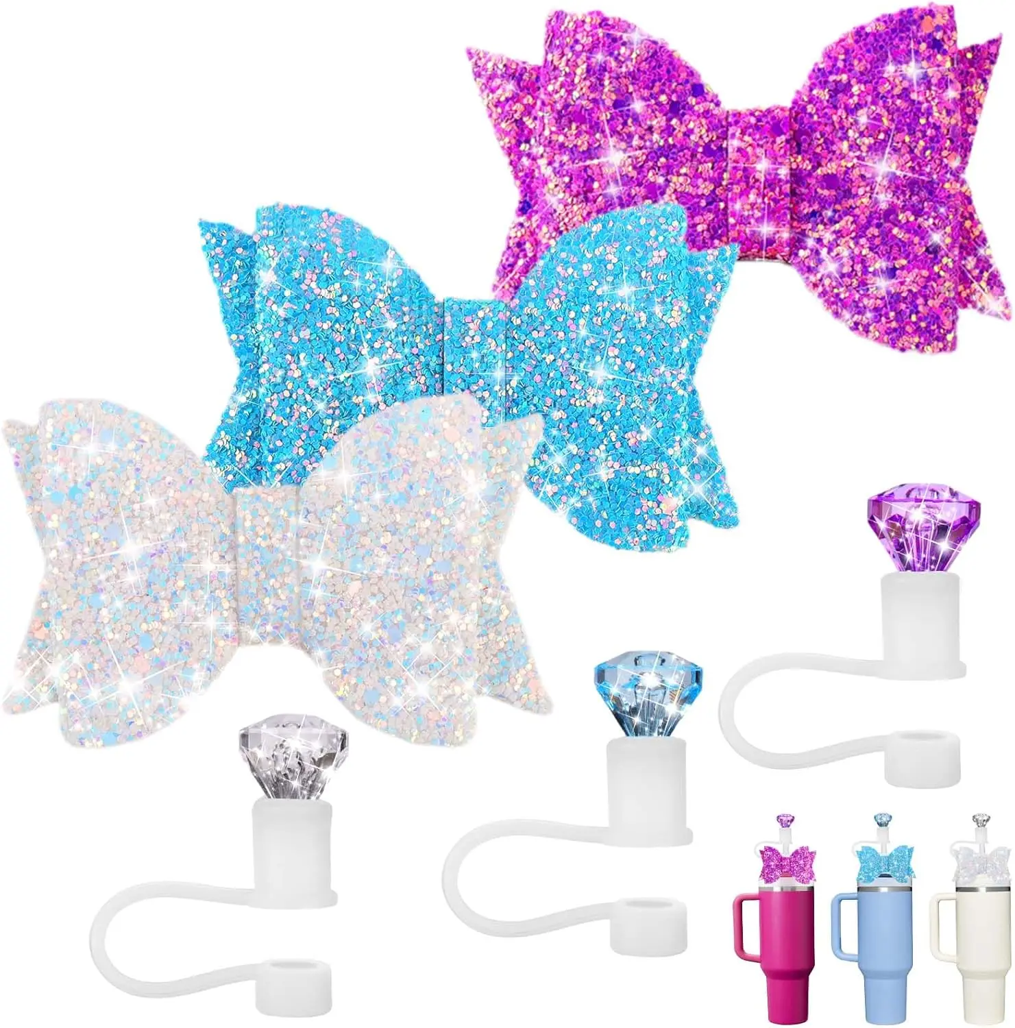 3PCS Bow Straw Topper and 3PCS Diamond Straw Topper Bow Cup Accessories for Cup 40/30oz Unique Charm Stanley Tumbler Accessories