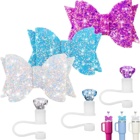 6PCS Reusable Bisphenol A (BPA)-Free Food-Grade Silicone Cup Toppers - 3pcs Bow & 3pcs Diamond Charms, 10mm Caps for 0.4" Straws, Drink Protectors for 20/30/40oz Large Tumblers, Kitchenware Accessories
