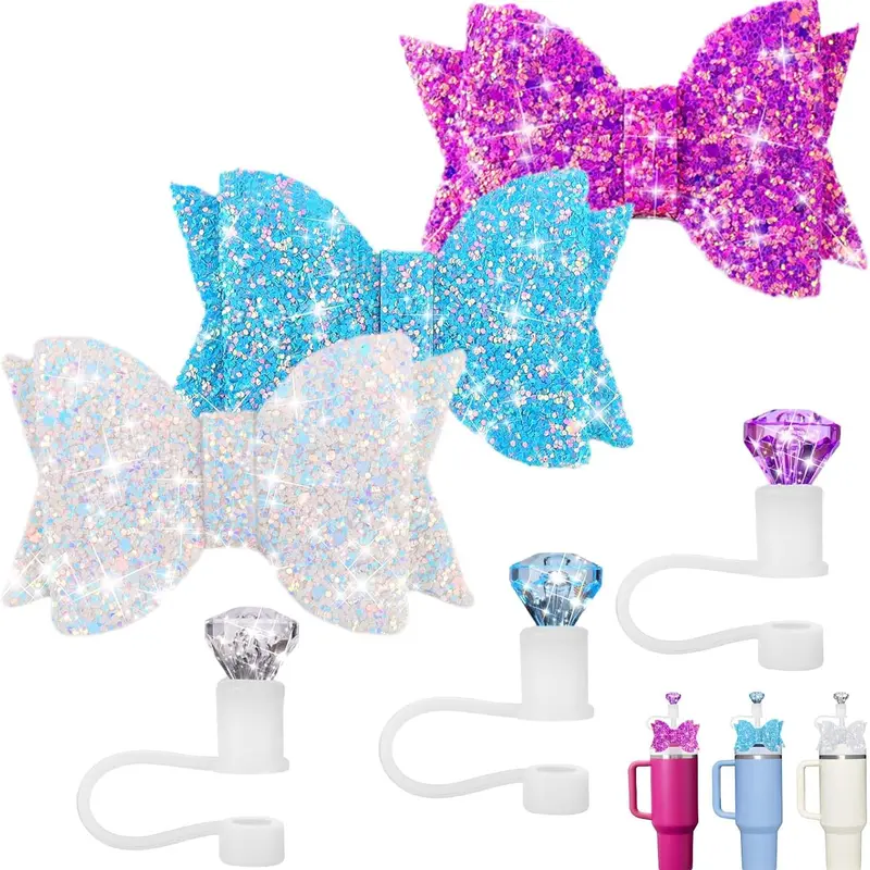 6PCS Reusable Bisphenol A (BPA)-Free Food-Grade Silicone Cup Toppers - 3pcs Bow & 3pcs Diamond Charms, 10mm Caps for 0.4" Straws, Drink Protectors for 20/30/40oz Large Tumblers, Kitchenware Accessories